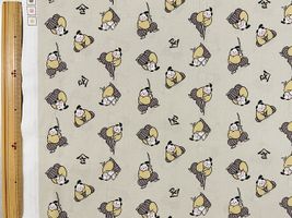 かわいい和柄シーチングプリント「もちもちさむらい」ベージュ