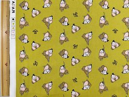 かわいい和柄シーチングプリント「もちもちさむらい」グリーン