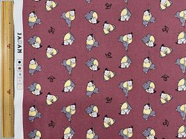 かわいい和柄シーチングプリント「もちもちさむらい」赤紫