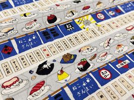 コットンこばやし綿麻キャンバスプリント「回転寿司猫」ブルー