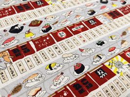 コットンこばやし綿麻キャンバスプリント「回転寿司猫」レッド