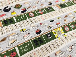 コットンこばやし綿麻キャンバスプリント「回転寿司猫」グリーン