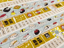 コットンこばやし綿麻キャンバスプリント「回転寿司猫」マスタード