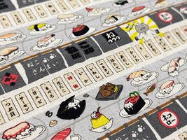 コットンこばやし綿麻キャンバスプリント「回転寿司猫」グレー