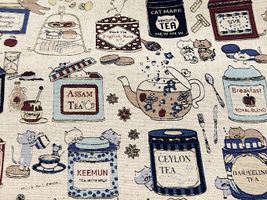 コットンこばやし綿麻キャンバスプリント「猫のお茶会」生成地(綿かす残し)